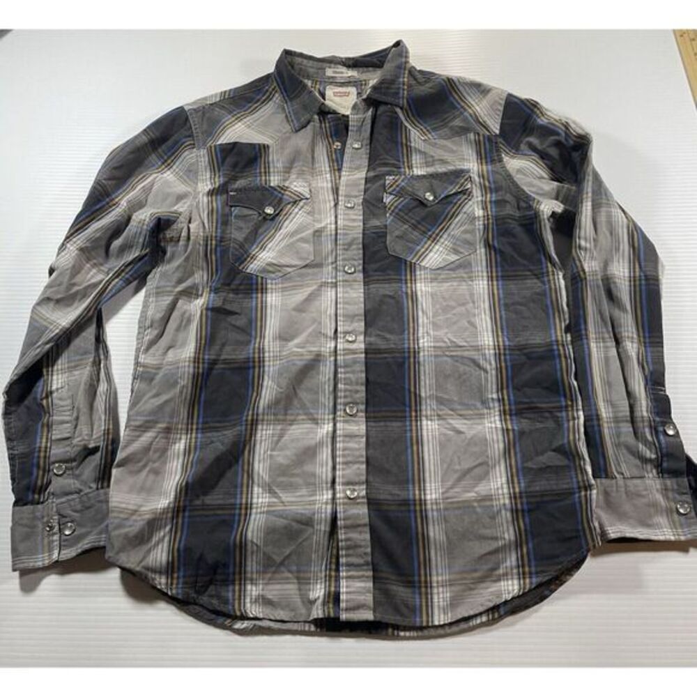Levis Standard Fit Black Gray Plaid Western Shirt Mens S Lumberjack Pearl Snaps